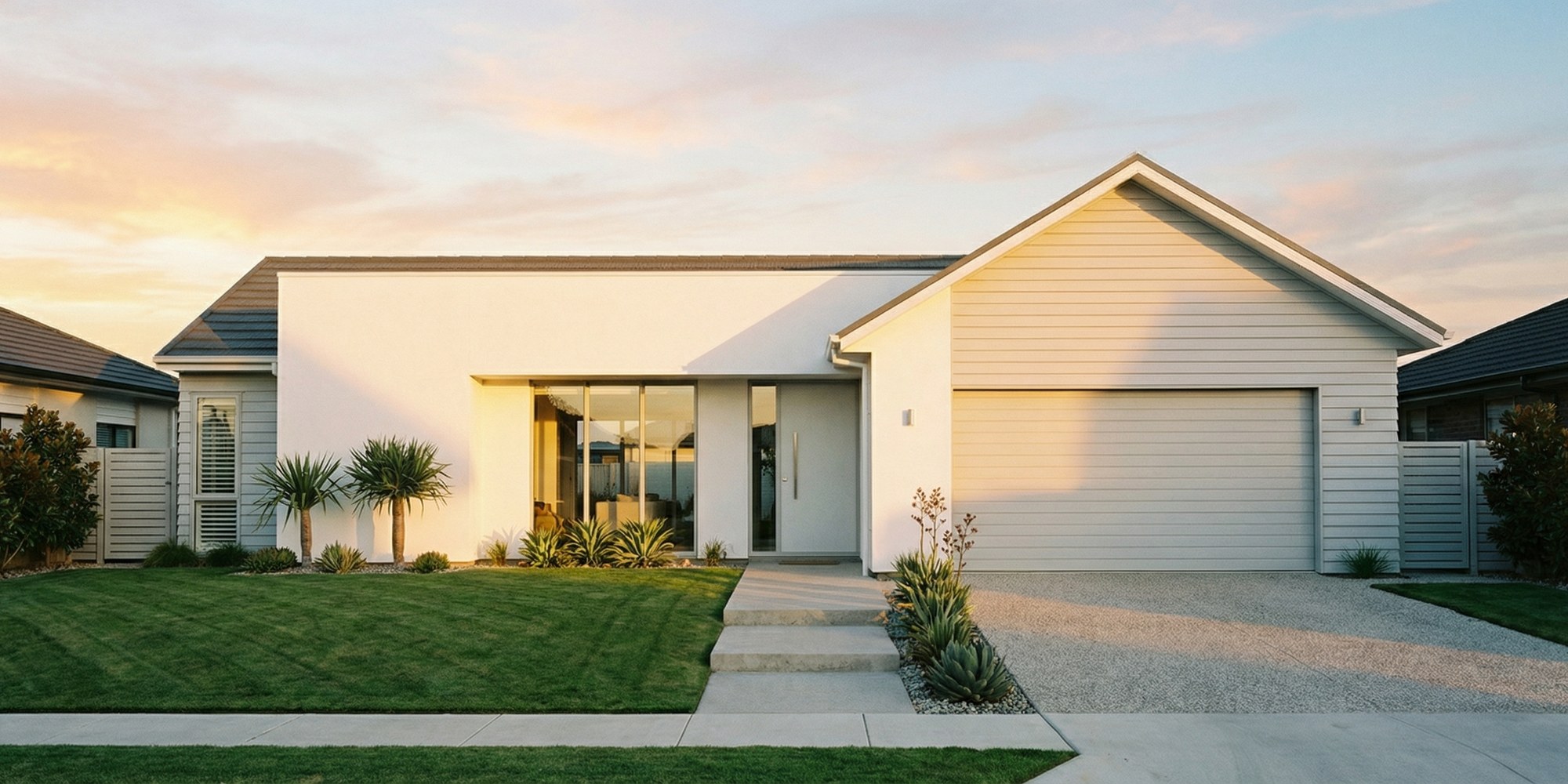 Clean modern suburban home exterior at golden hour, manicured lawn, architectural editorial photography