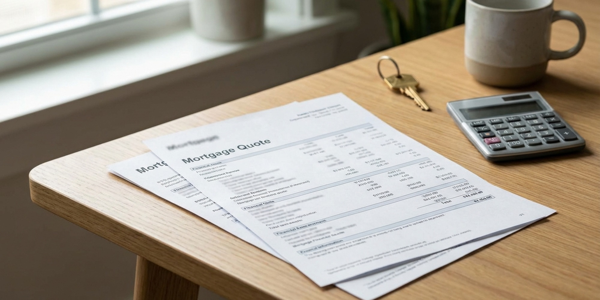 Two mortgage quote sheets with a house key and calculator on a clean desk