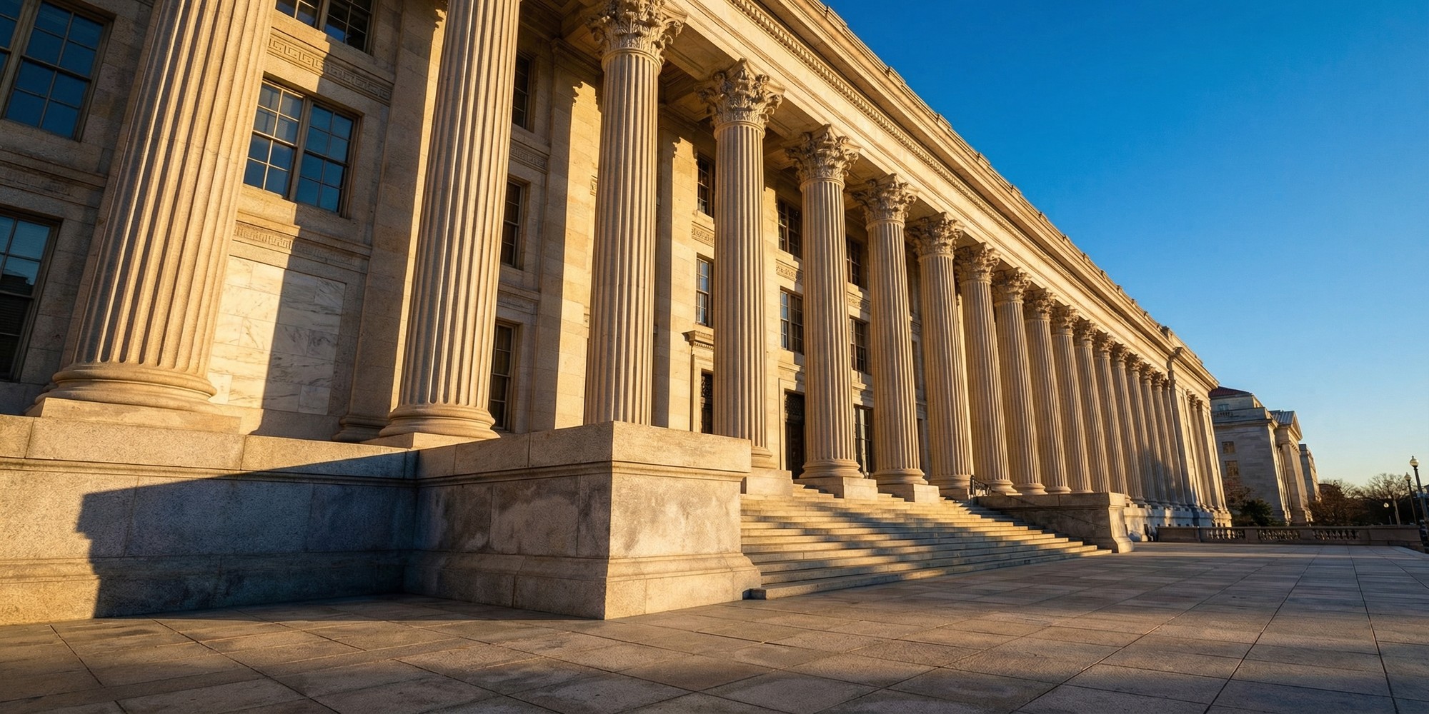 Federal Reserve building exterior in Washington DC, neoclassical columns and stone facade in afternoon light, editorial photography