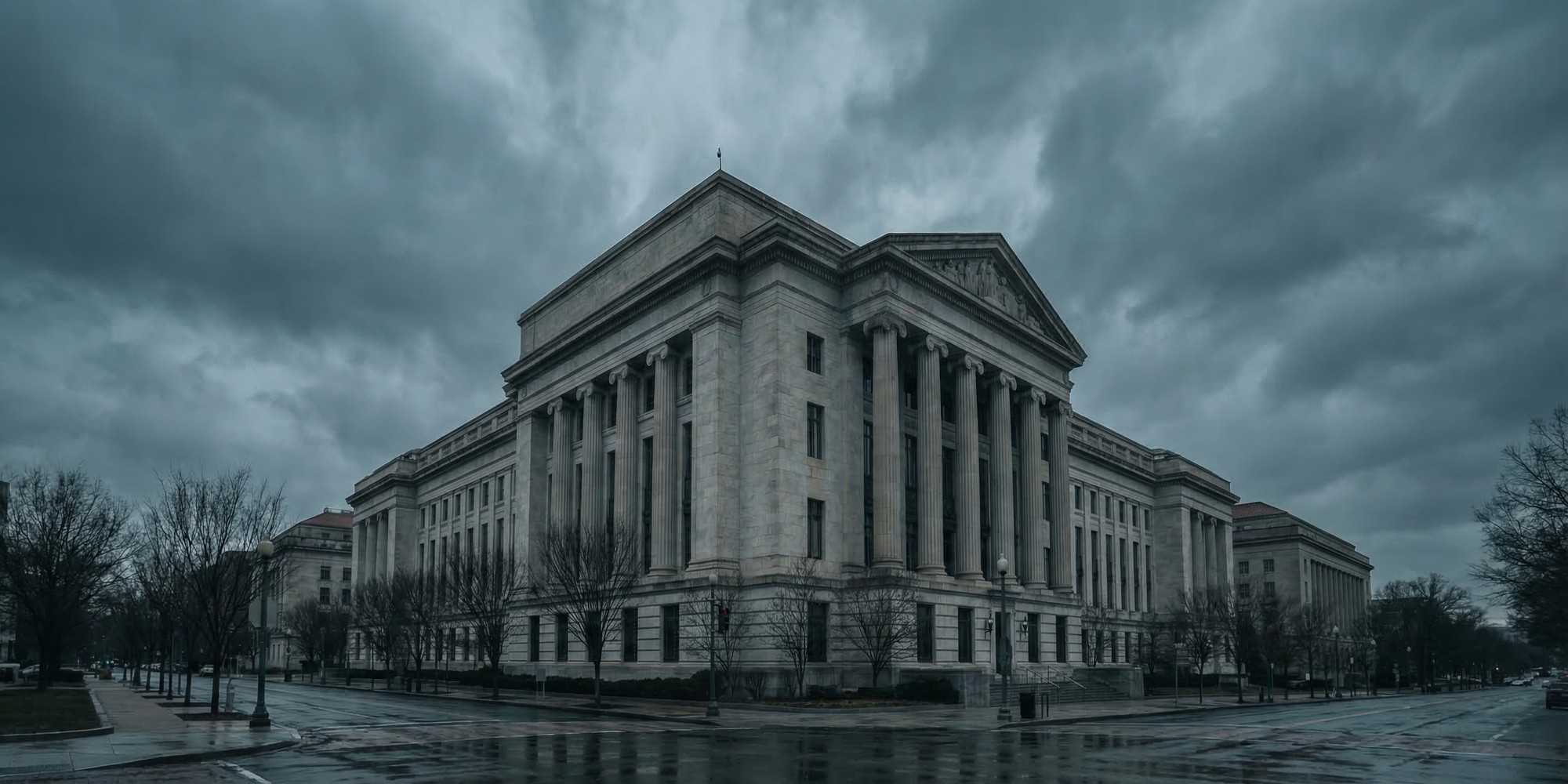 Federal Reserve building exterior, wide angle architectural photography, overcast sky, financial district, no people