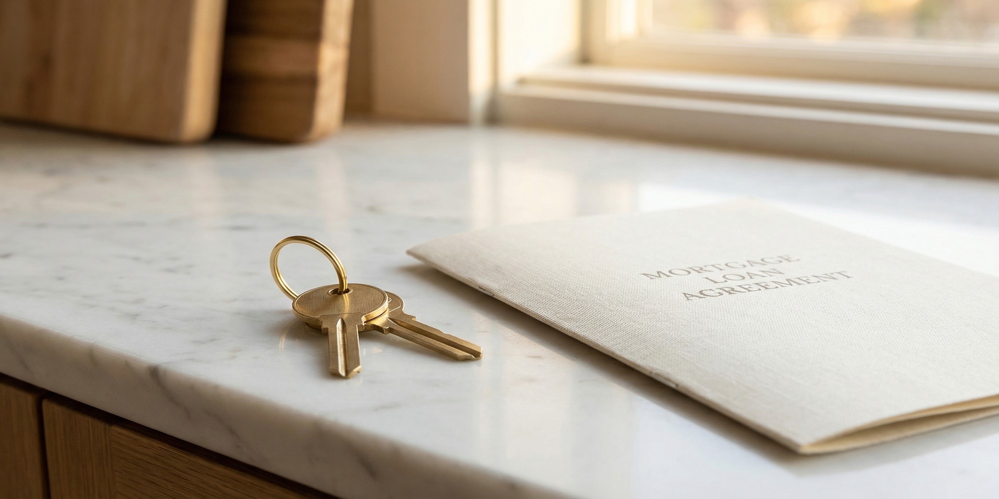 House keys resting on a marble countertop next to a mortgage loan document, warm natural light, editorial mortgage article imagery