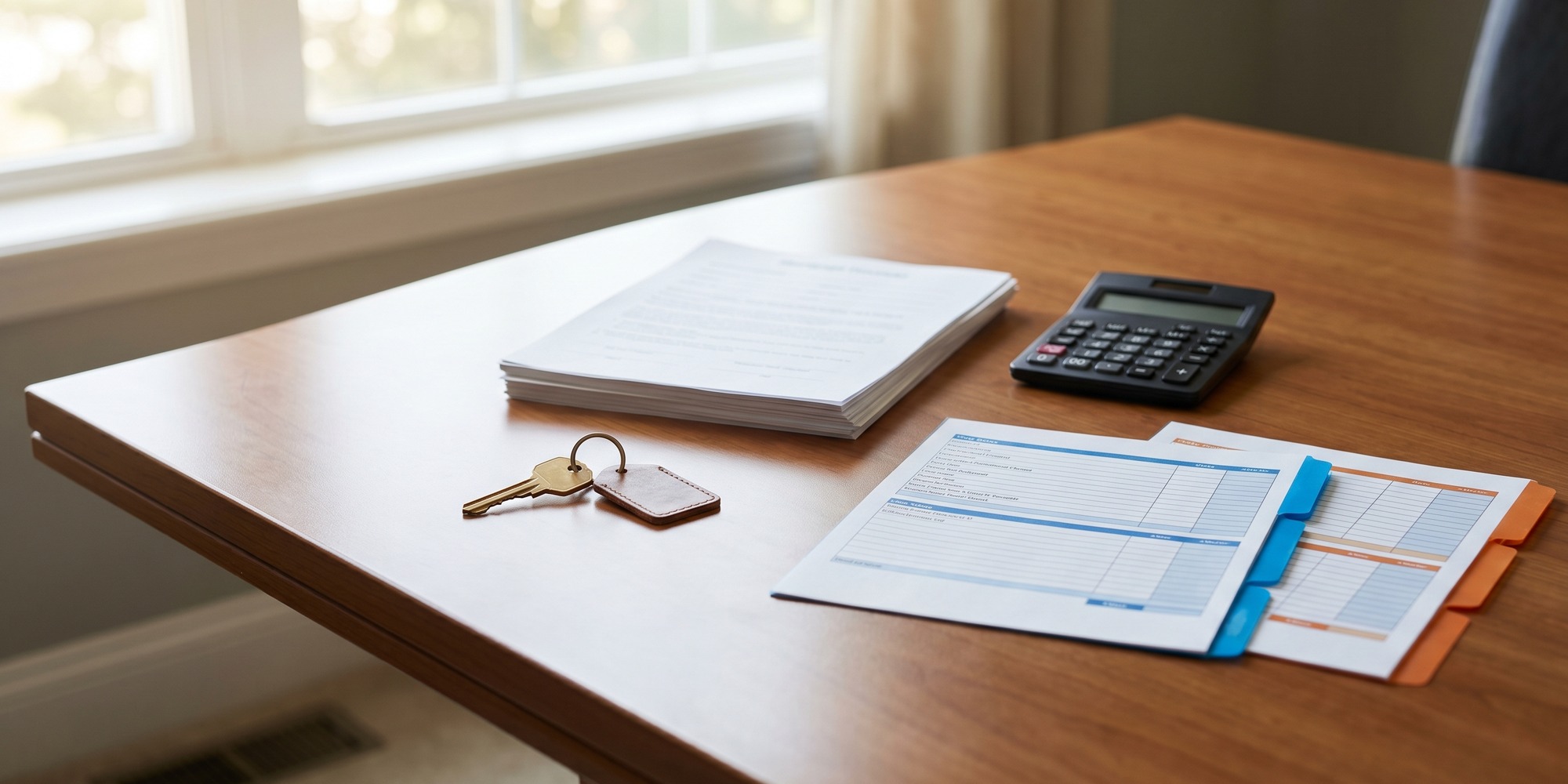 Mortgage closing table with house key, calculator, and side-by-side cost sheets