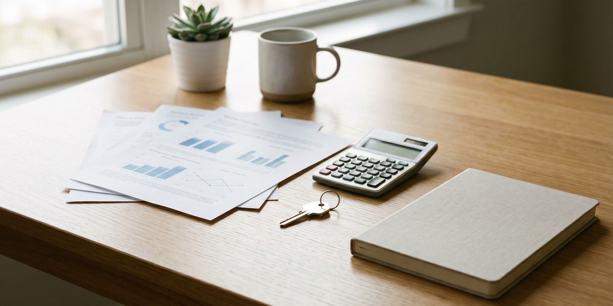 Mortgage documents, calculator, key, and laptop on a modern table with natural light