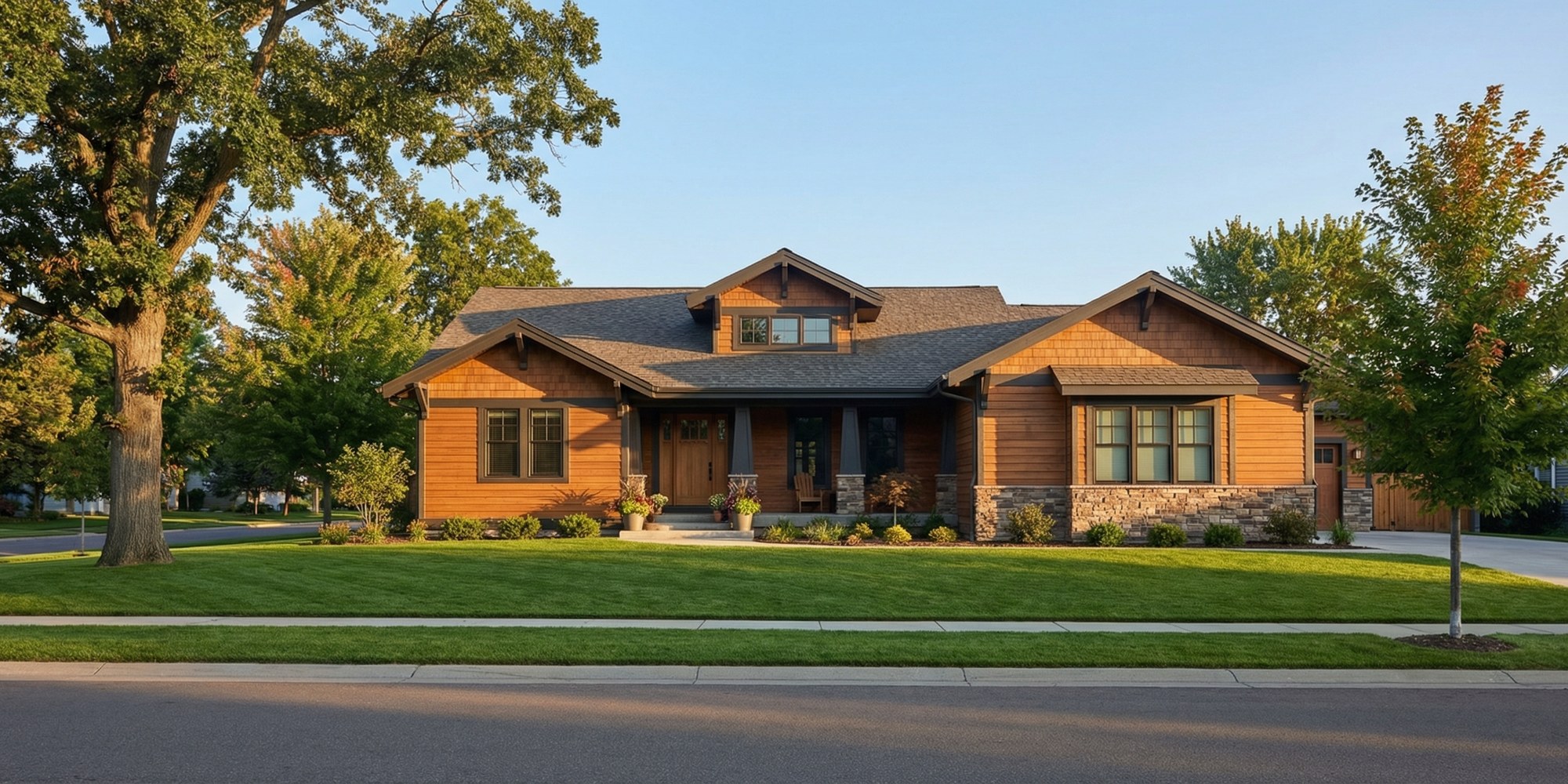Clean modern home exterior on a quiet neighborhood street, shot in soft morning light