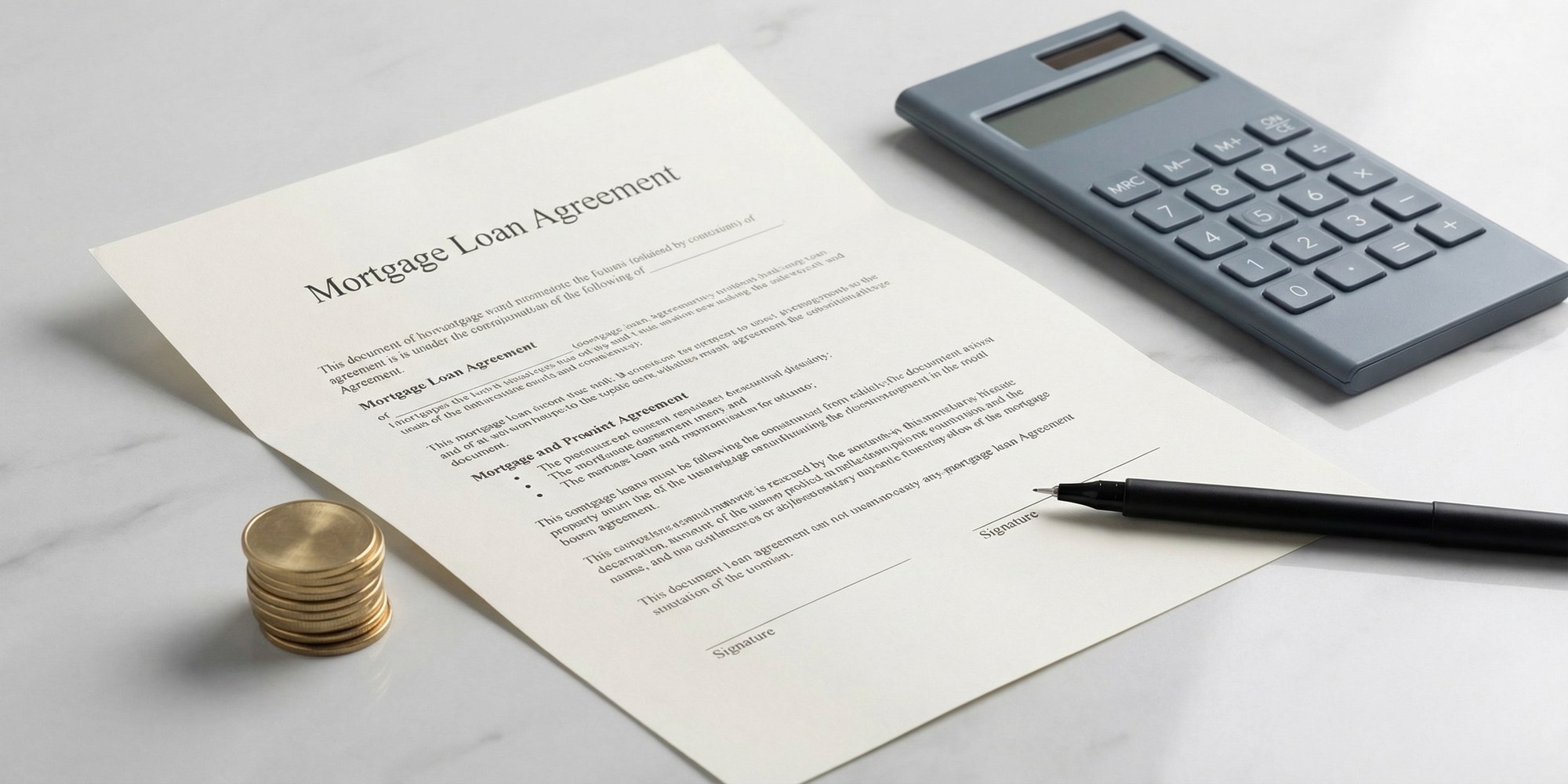 Mortgage loan document with pen, coins, and calculator on white marble surface representing upfront discount point costs