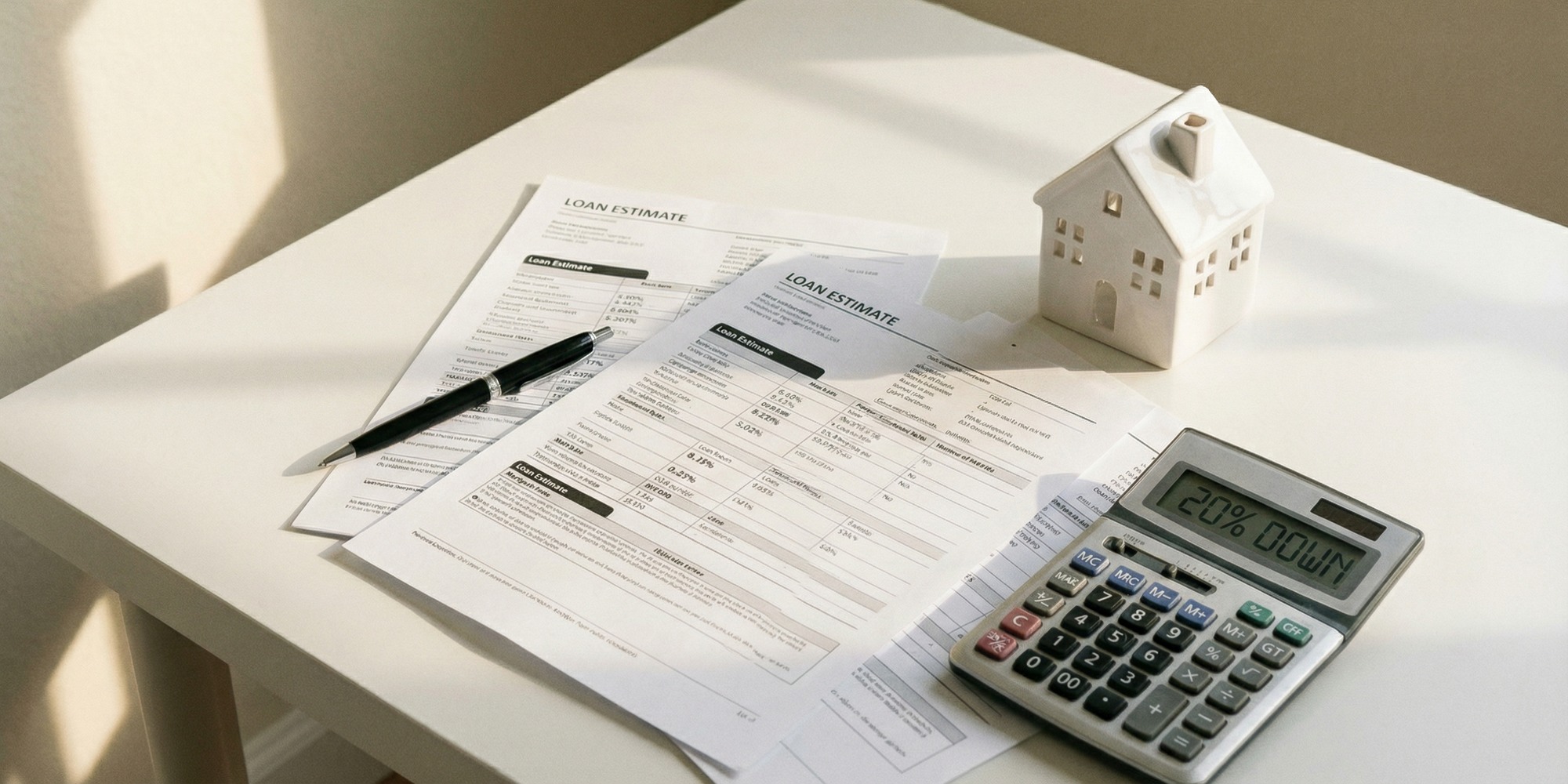 Mortgage loan comparison documents spread on a white desk with a pen, small house model, and calculator in warm natural light