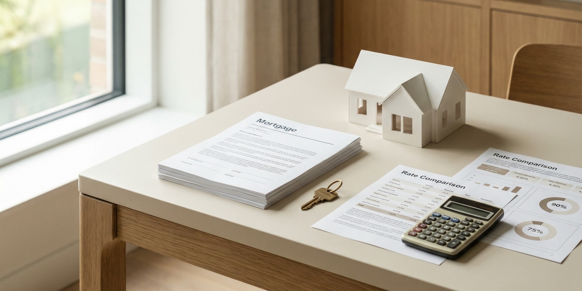 Mortgage paperwork, calculator, and house key on a modern desk with financial comparison charts