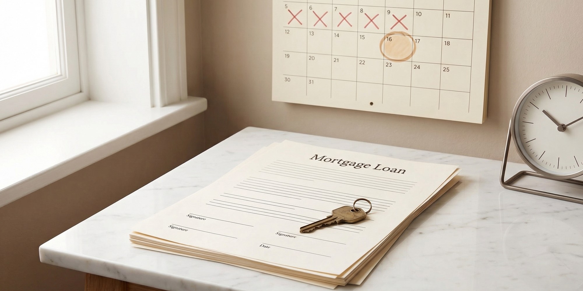 Mortgage loan documents, a countdown calendar, and a brass house key arranged on a marble surface in natural light