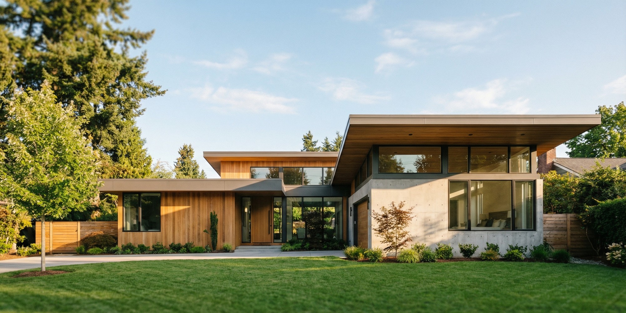 Clean editorial photograph of a modern suburban home exterior with green lawn and blue sky, professional real estate photography aesthetic