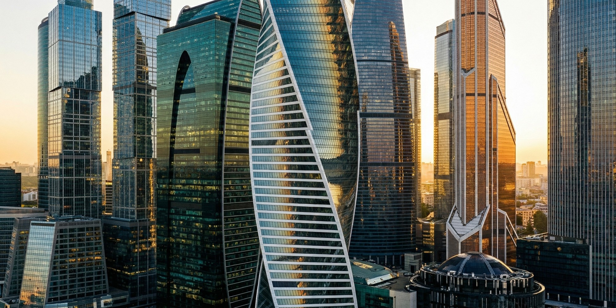 Aerial view of financial district glass skyscrapers at dusk, editorial photography