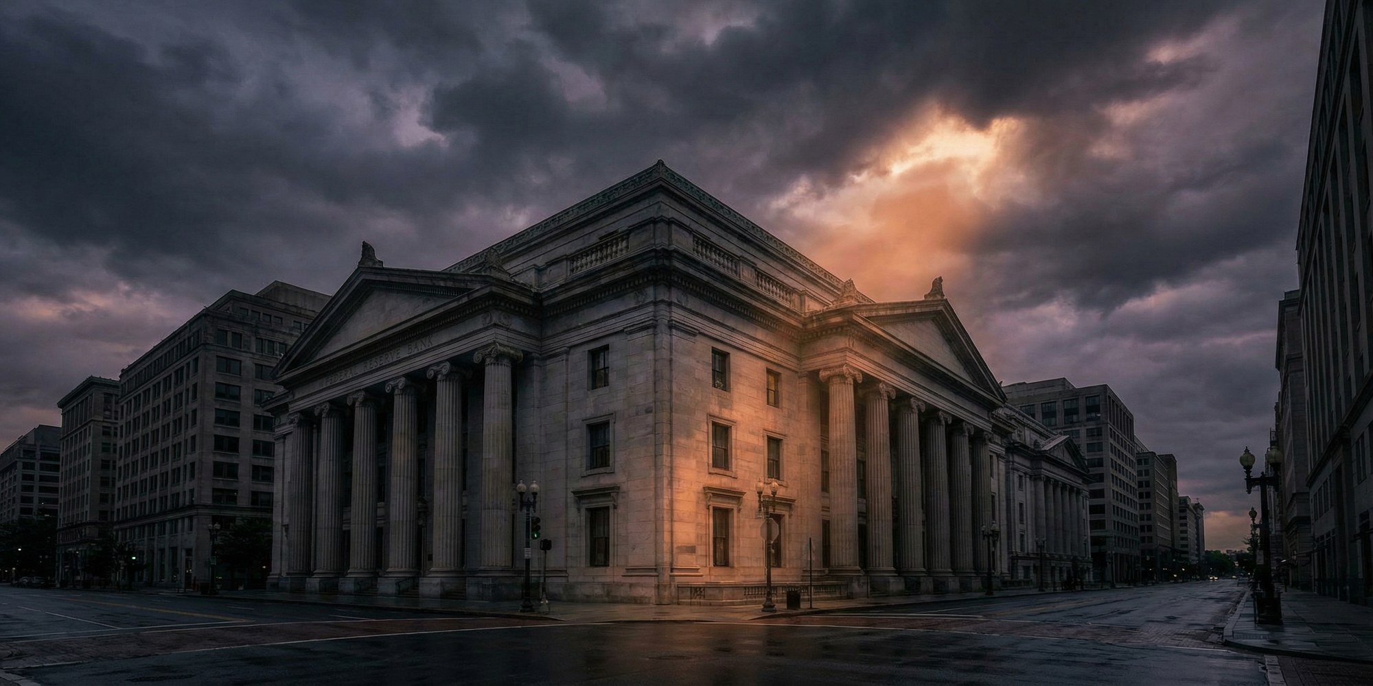 Federal Reserve building exterior at dusk, dramatic sky with stone architecture and financial district atmosphere