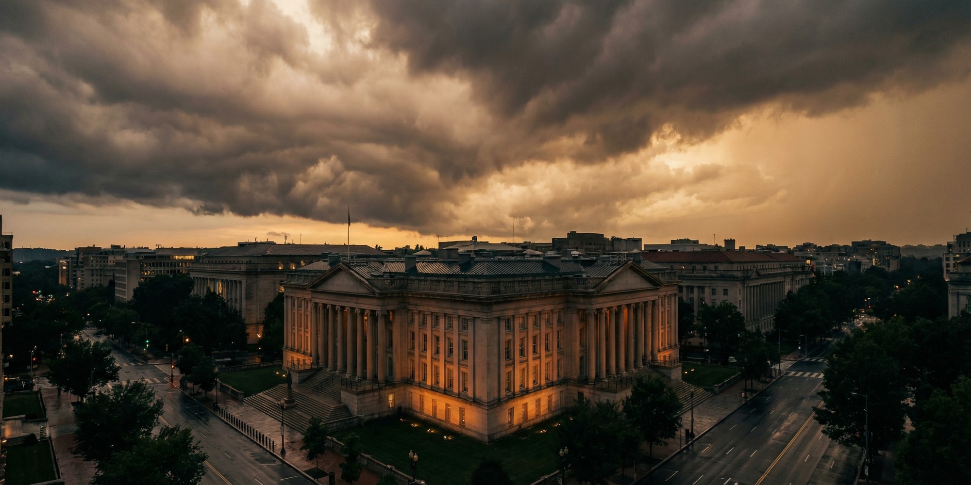 US Treasury building in Washington DC at dusk with dramatic storm clouds, editorial financial photography