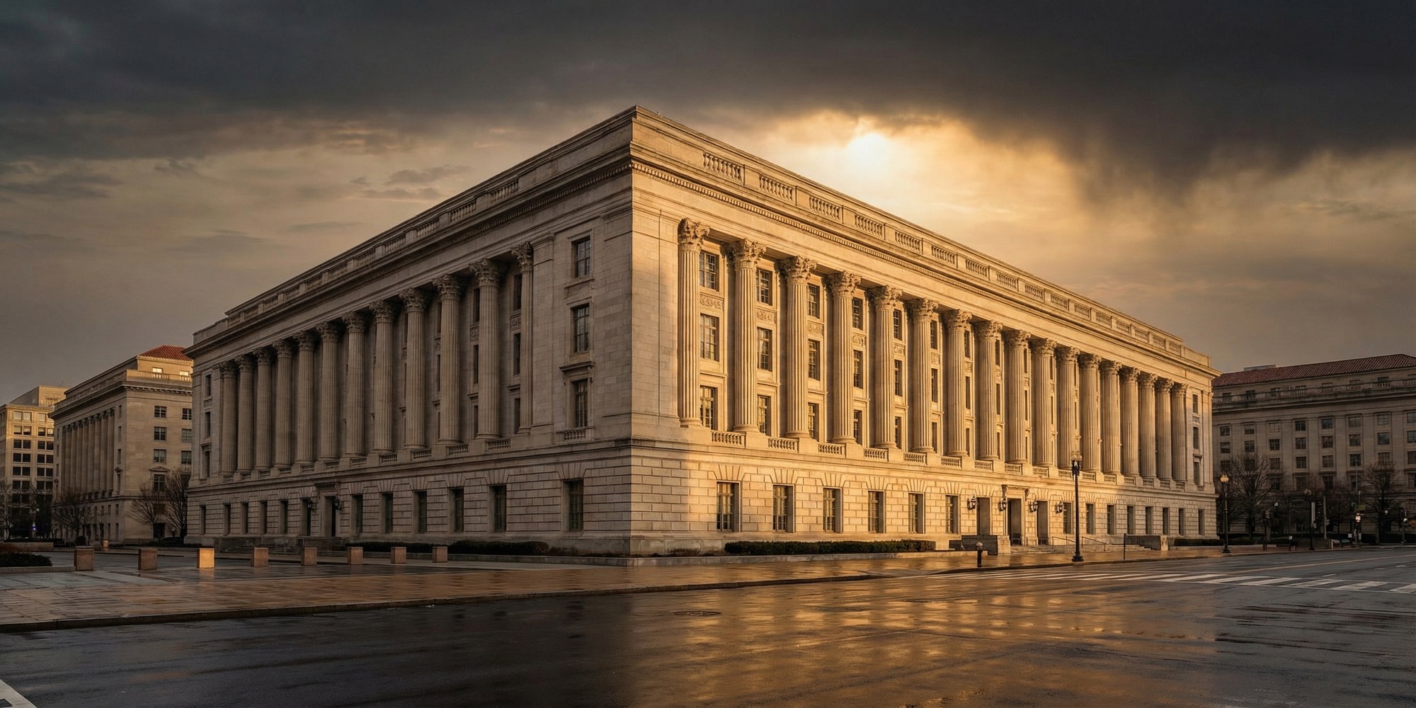 Federal Reserve building with neoclassical columns photographed at golden hour, financial architecture editorial style