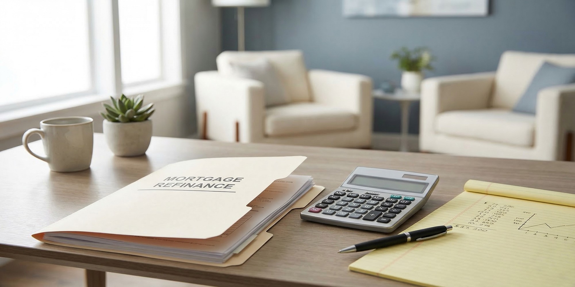 Mortgage refinancing documents, calculator, and pen on a minimalist desk with soft natural light