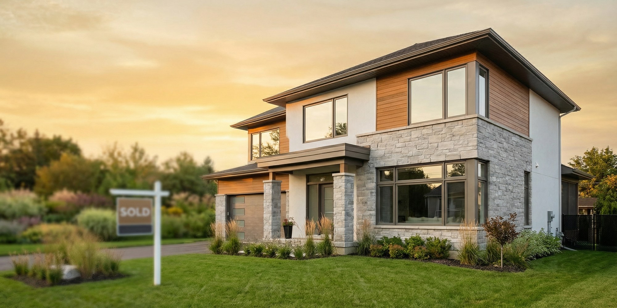 Modern single-family home exterior at golden hour with manicured lawn, representing the 2023 mortgage cohort refinance opportunity