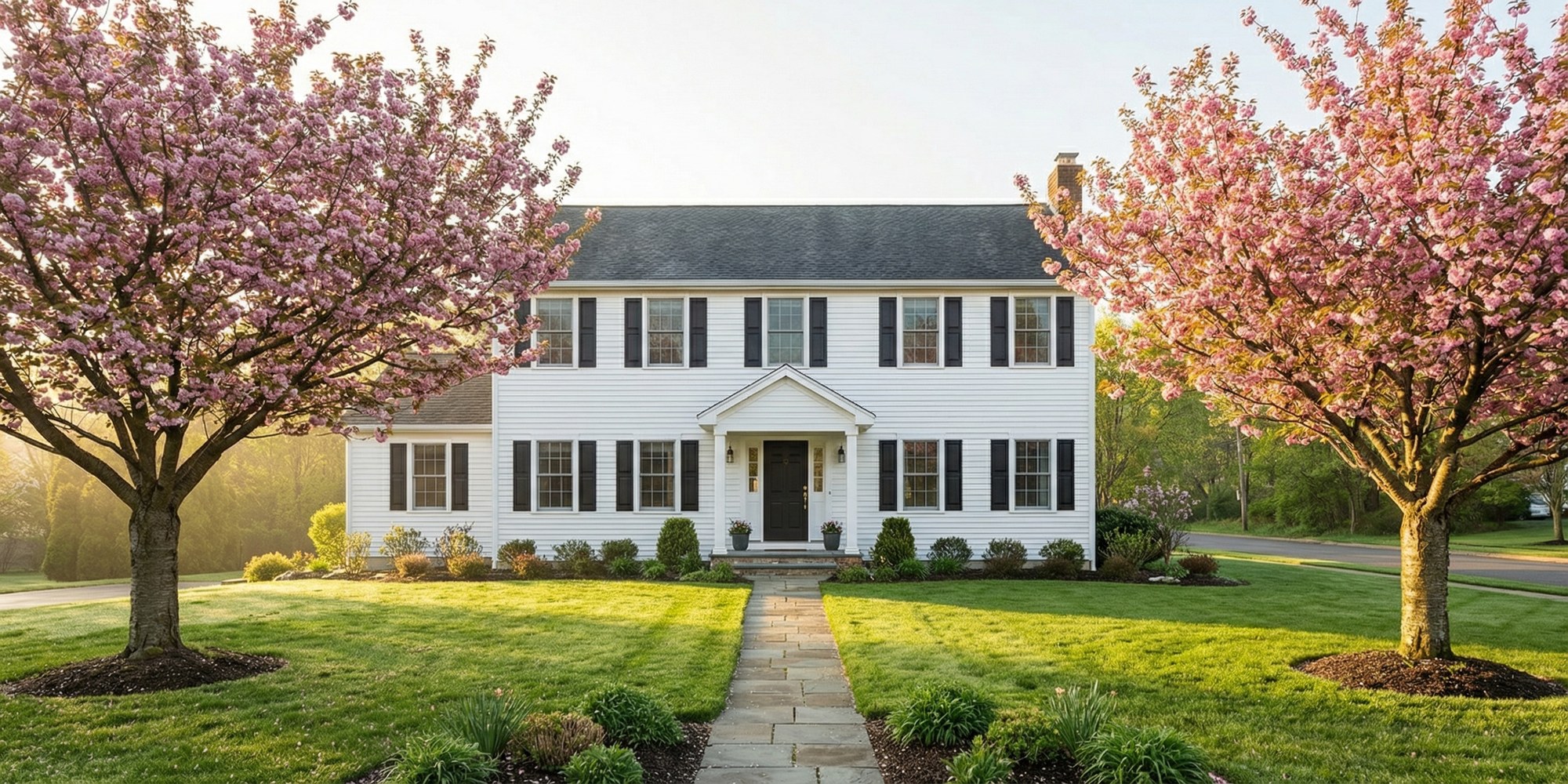 Clean suburban home exterior in spring morning light with blooming trees and manicured lawn