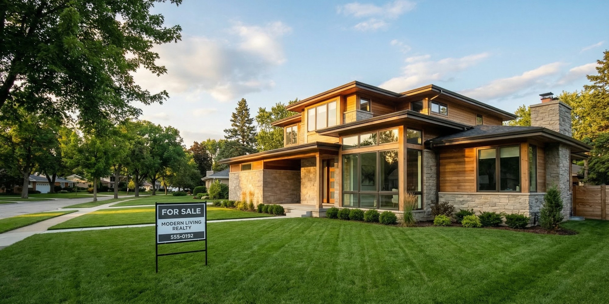 Clean modern single-family home exterior with green lawn and for-sale sign at golden hour, warm suburban neighborhood